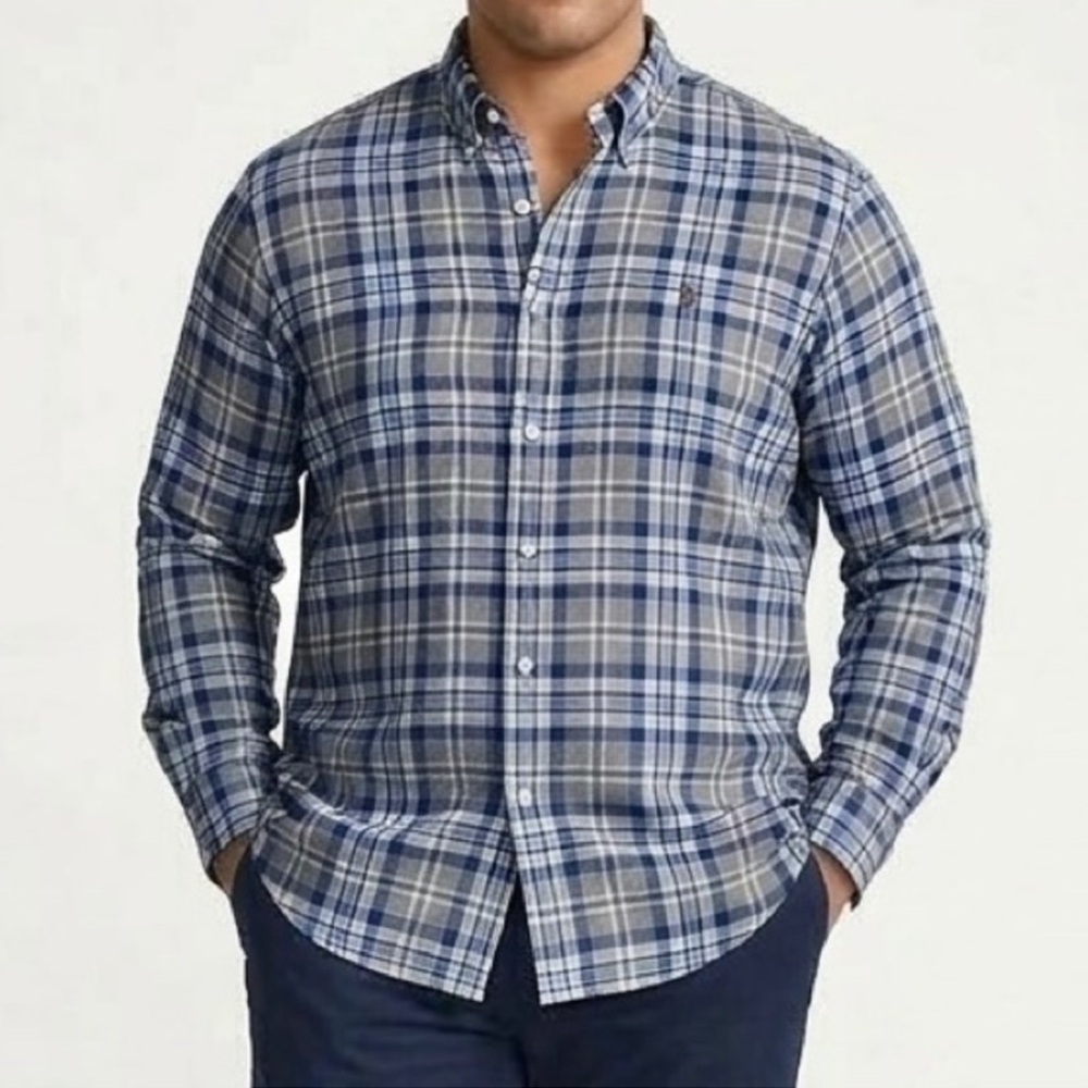 POLO RALPH LAUREN 2XB Plaid Button Down Shirt Grey Blue Big Tall Business Casual